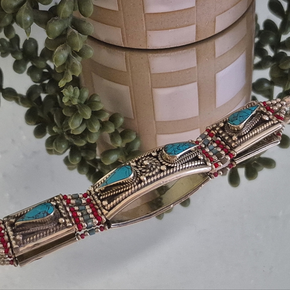 Boho .925 Sterling Silver Turquoise Beaded Bracelet